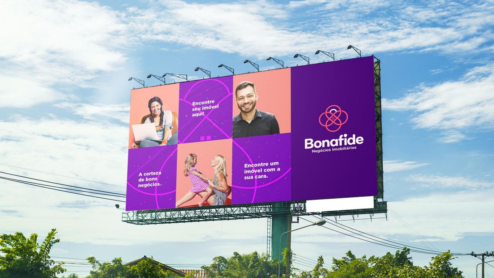 Outdoor Bonafide Negócios Imobiliários com a nova identidade roxa