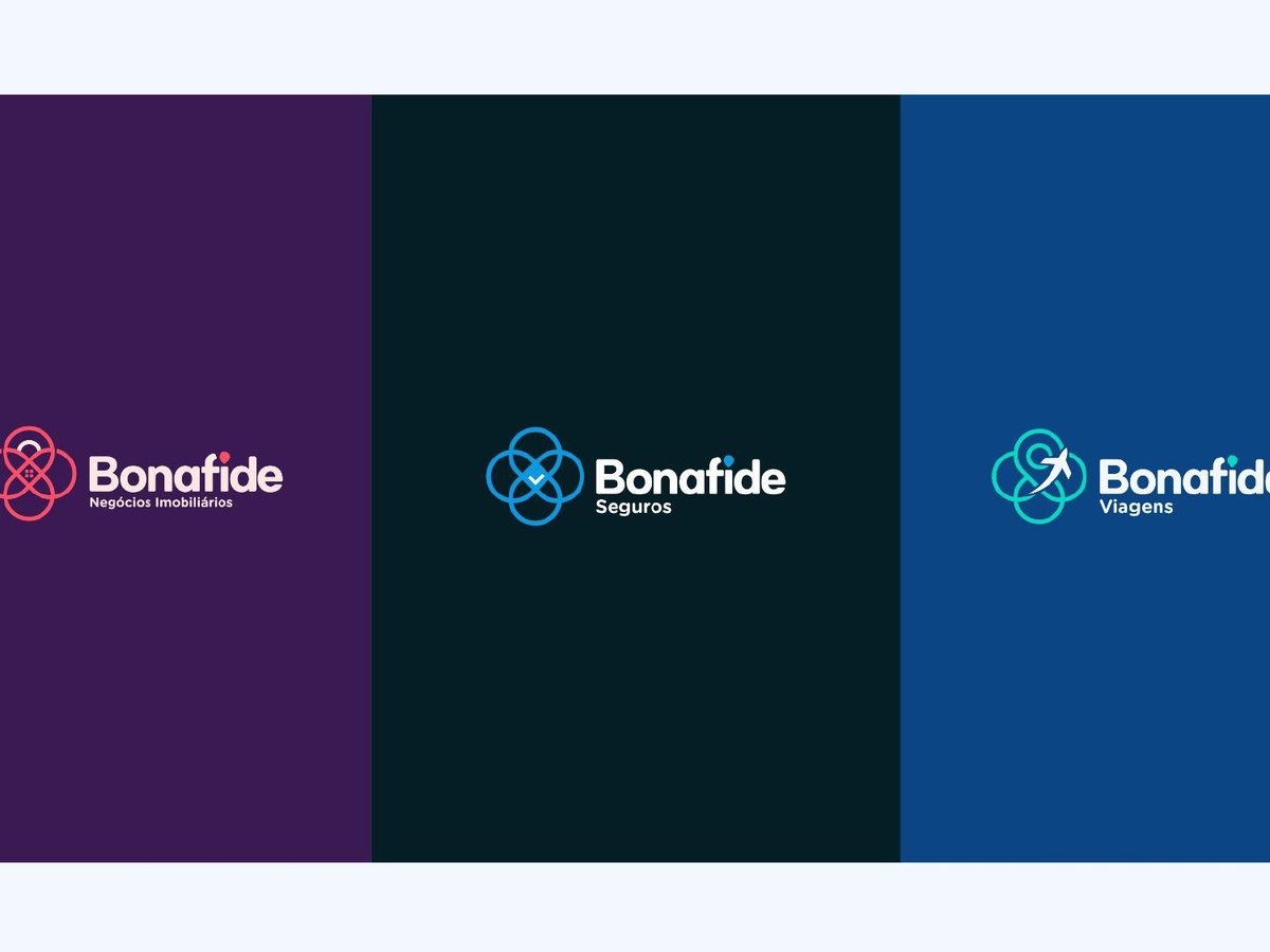 Paleta do grupo: roxo Imóveis, azul Seguros e verde Viagens