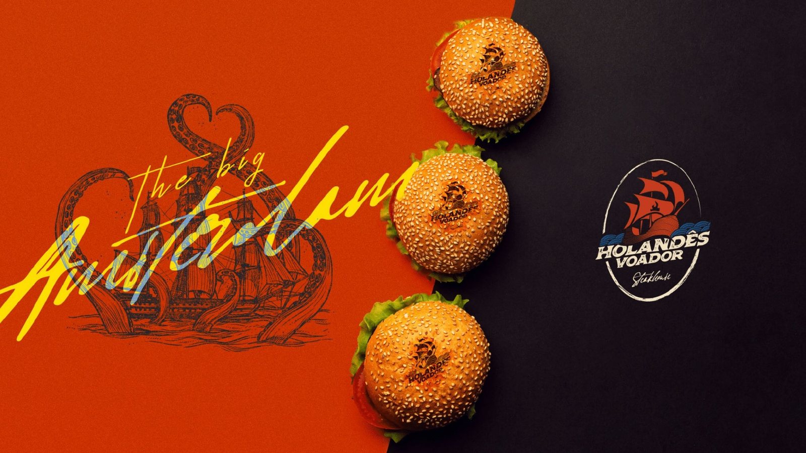 Hambúrgueres sobre o lettering Holandês Voador em laranja