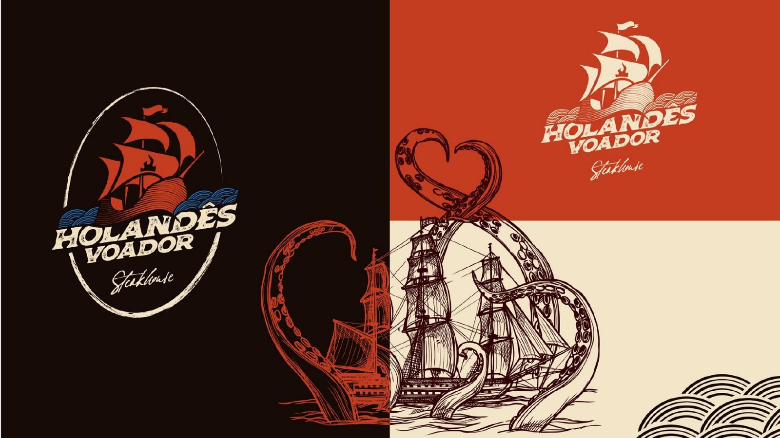 Símbolo do navio e ilustrações em preto, laranja e vermelho