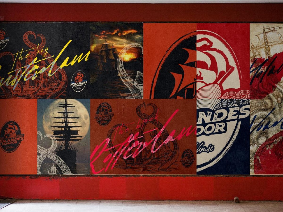 Mural com o navio fantasma e as ilustrações da marca