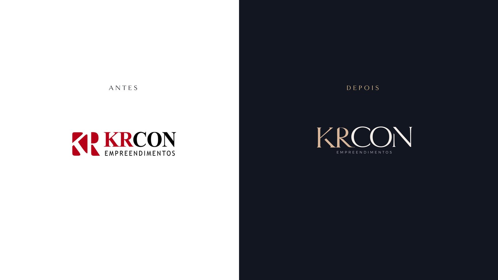 Antes e depois: do logo vermelho KRCON Empreendimentos à nova assinatura dourada