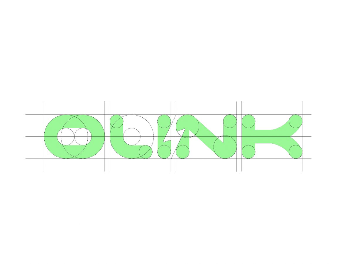 Construção geométrica das letras da marca OLINK, com o raio no lugar do I