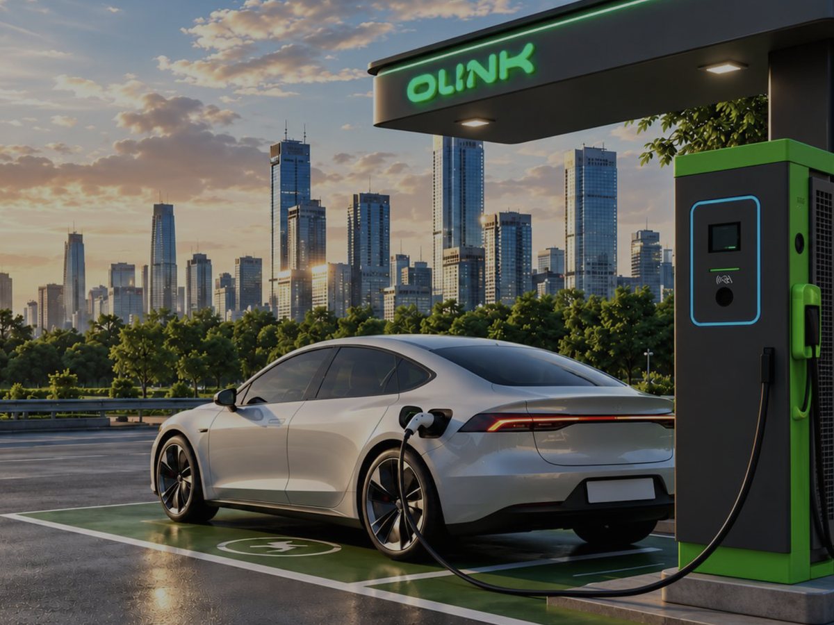 Eletroposto OLINK em cidade, com carro elétrico carregando ao entardecer