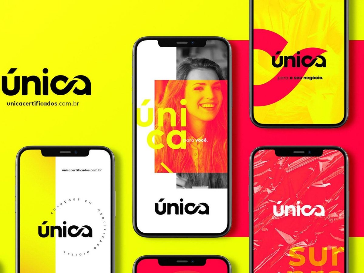Identidade aplicada em telas de celular e redes sociais
