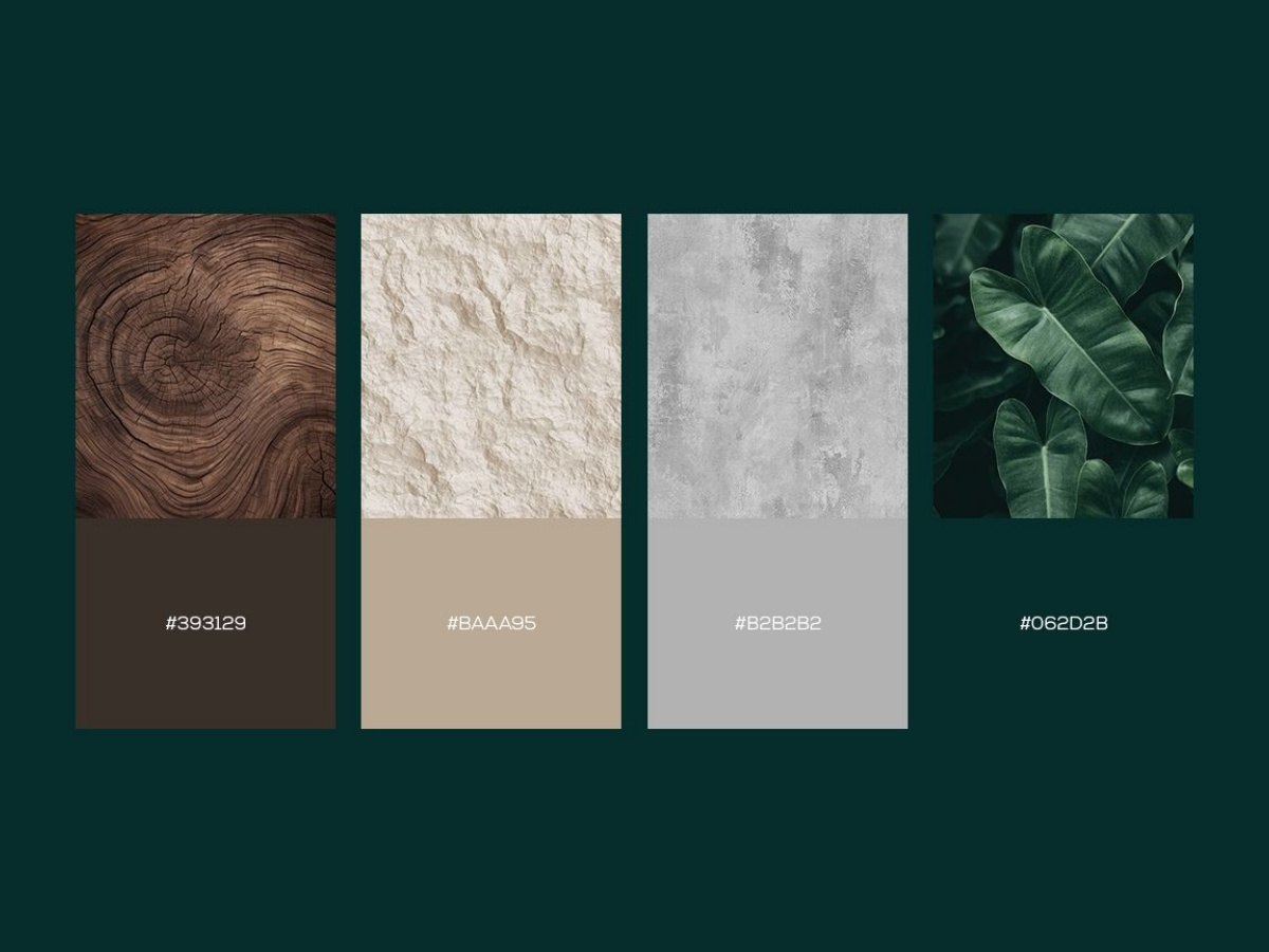 Paleta: marrom madeira, areia clara, cinza mineral e verde denso